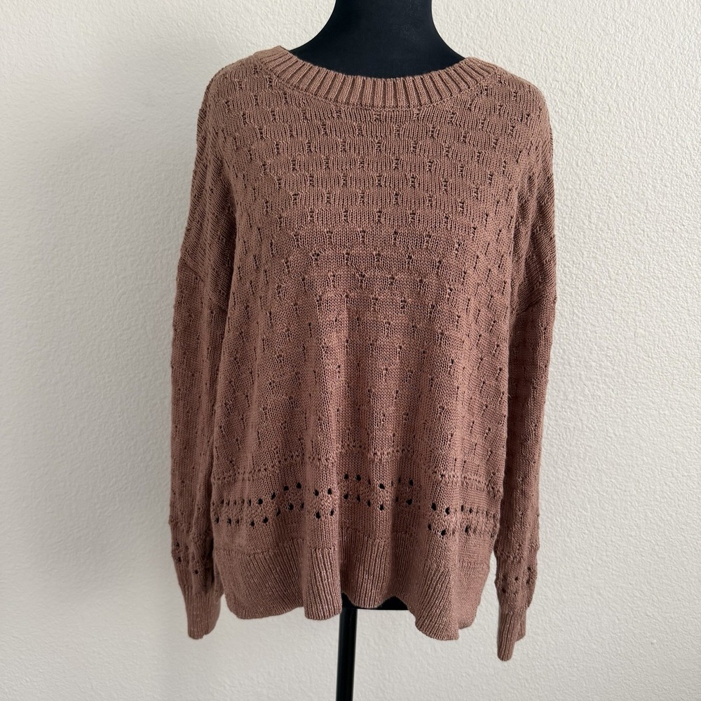 Maurices Womens Large Brown Pointelle Open Knit Sweater Crewneck Boho Pullover